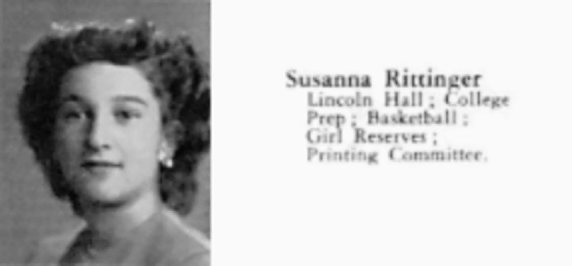 Sue Rittinger's yearbook photo. She graduated from Detroit Central High School in January 1946.
