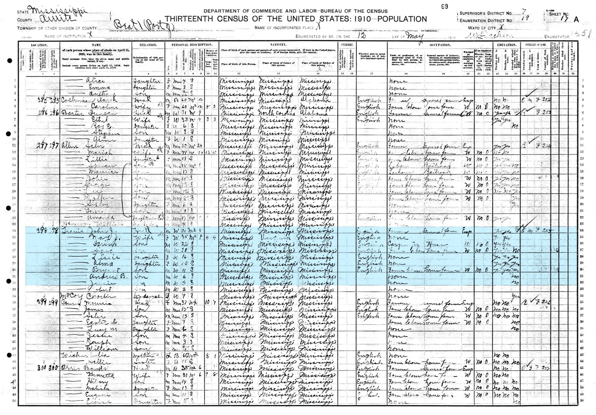   1910   Travis, John (51), May (38), Darius (22), Sipio (20), Lissie (16), Alma (13), Bryant (11), Andrew (6),  Jessie (5),  Robert (2), Charlie McCoy (9) - Liberty, Missippi 