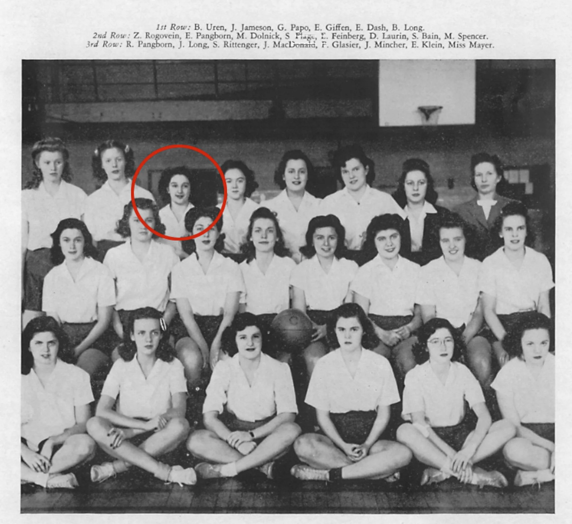 Yearbook photo of Sue Rittinger on the girl's basketball team