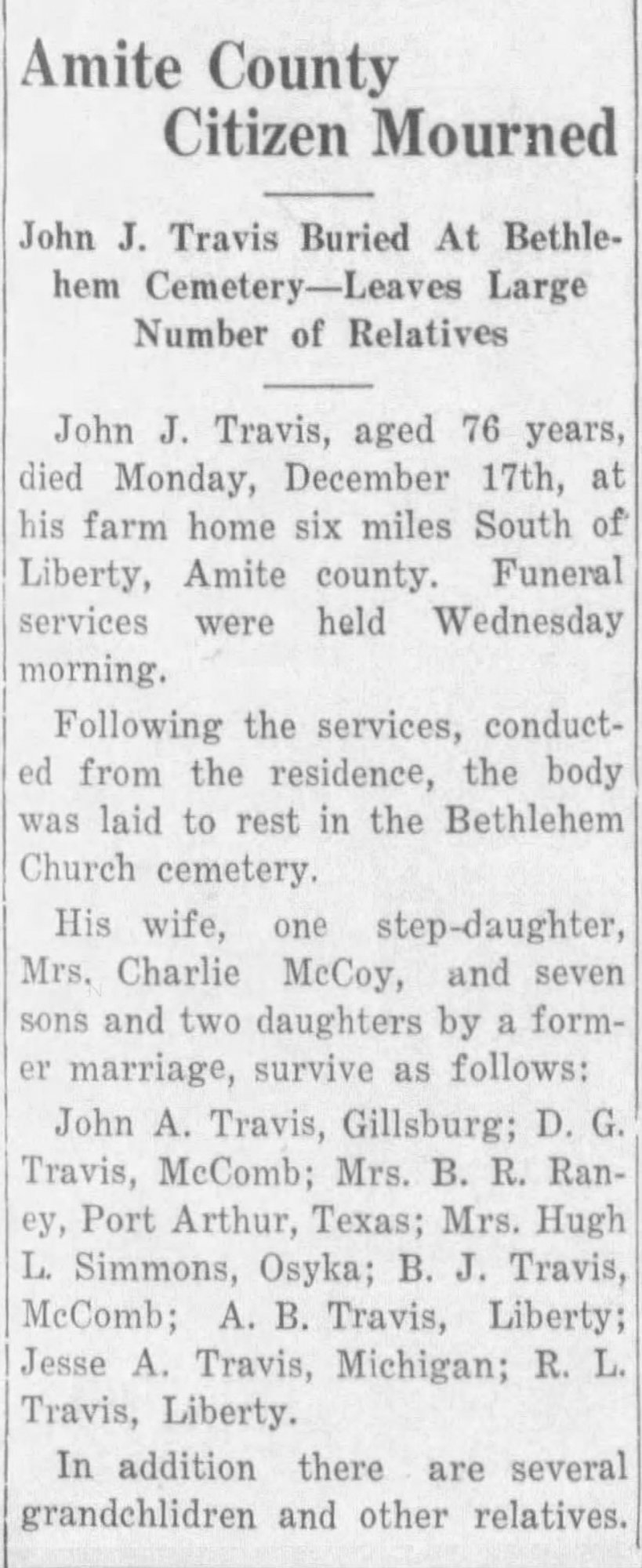   1934   Death notice for John J Travis