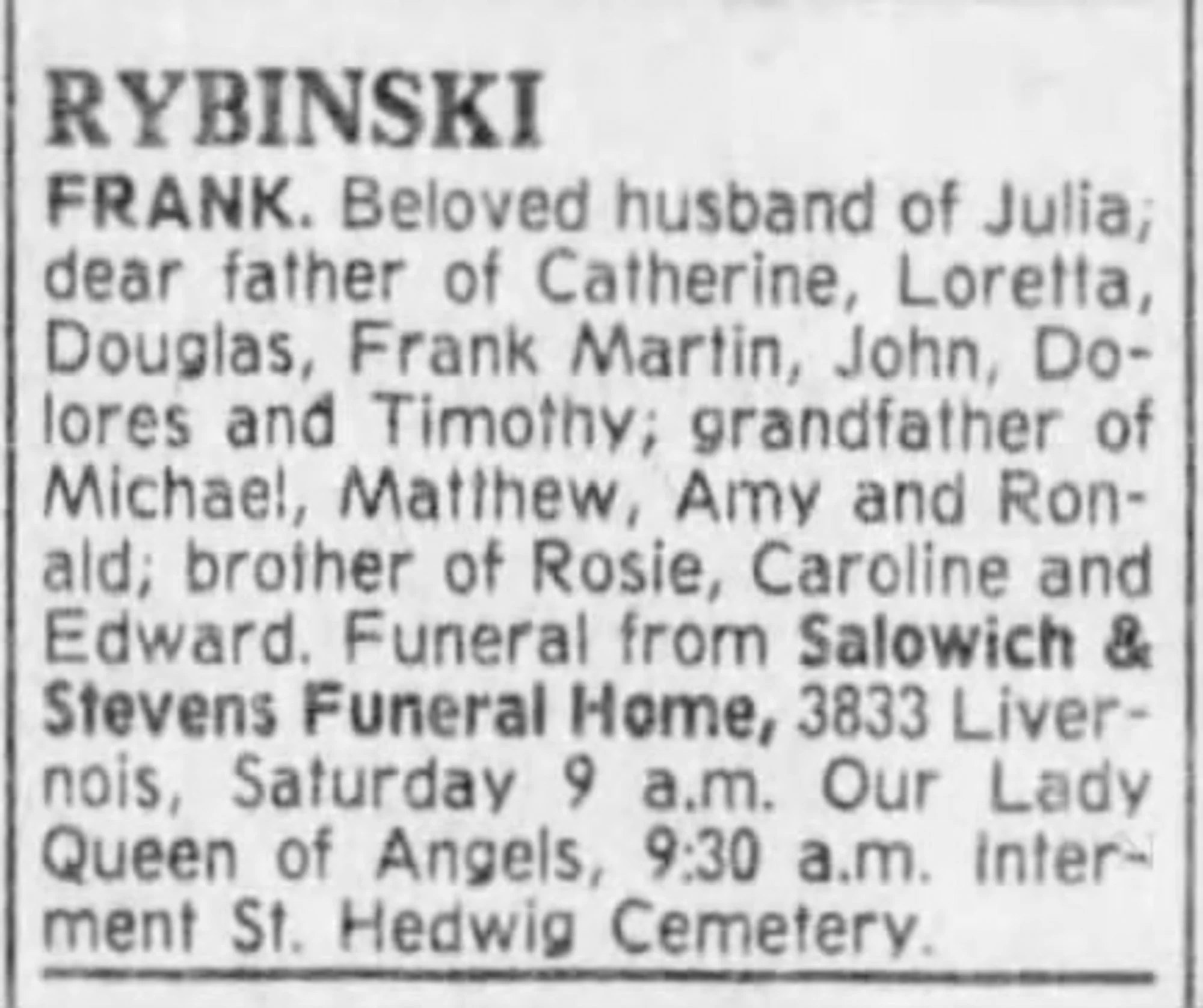   1978   Death notice for Frank Rybinski