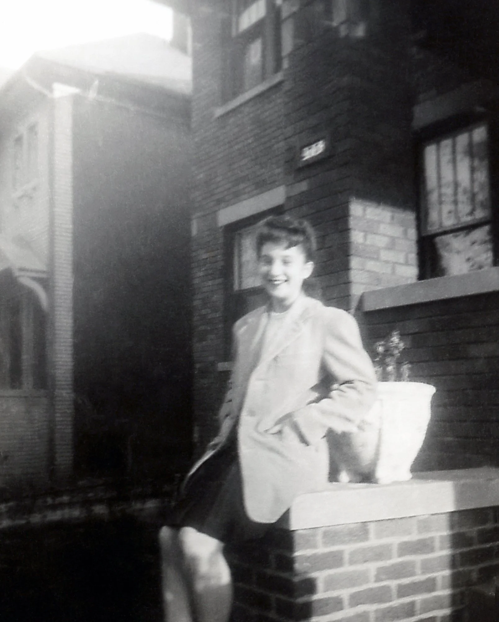 Sue on the front porch of a friend's house