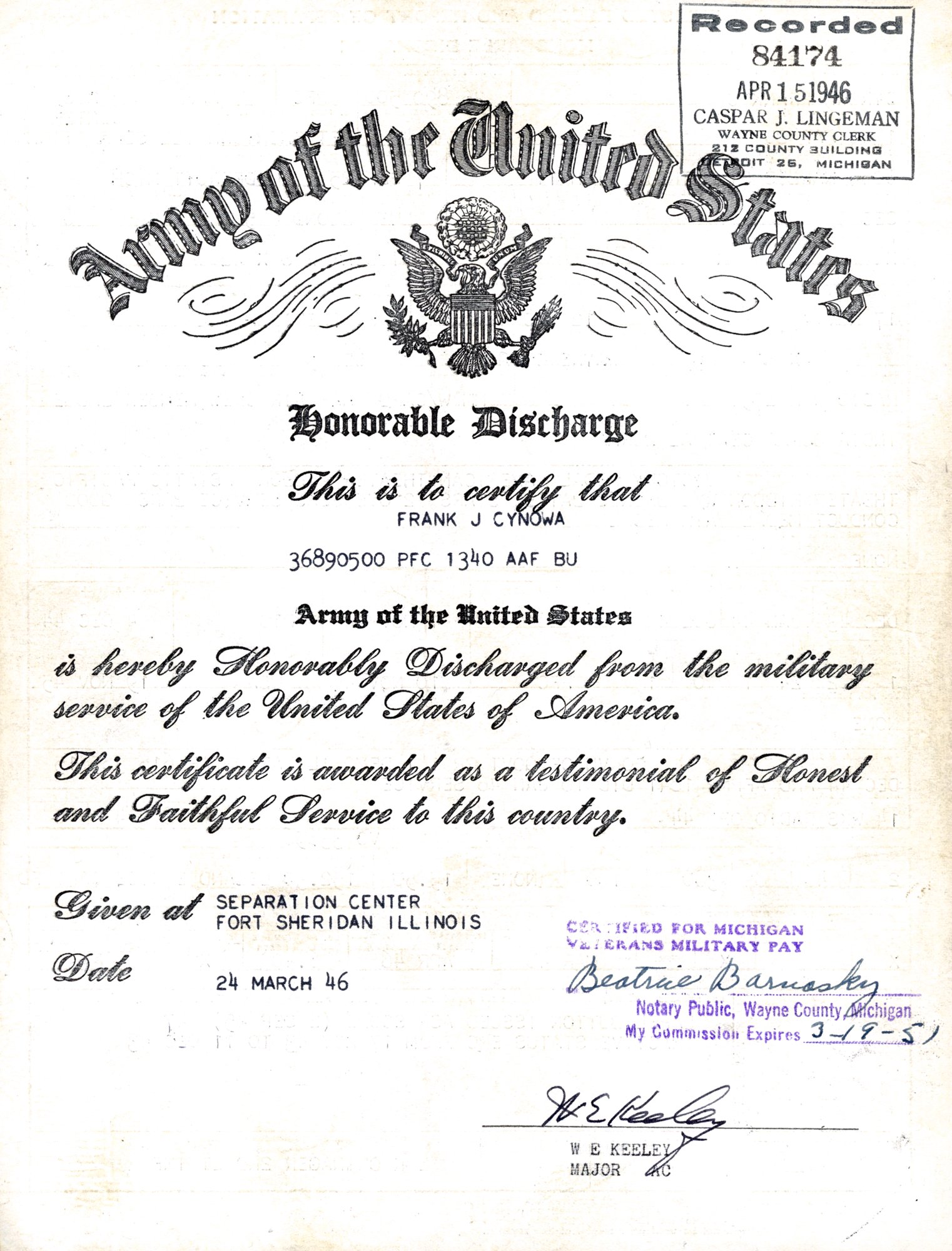 Frank Cynowa Discharge, March 24, 1946