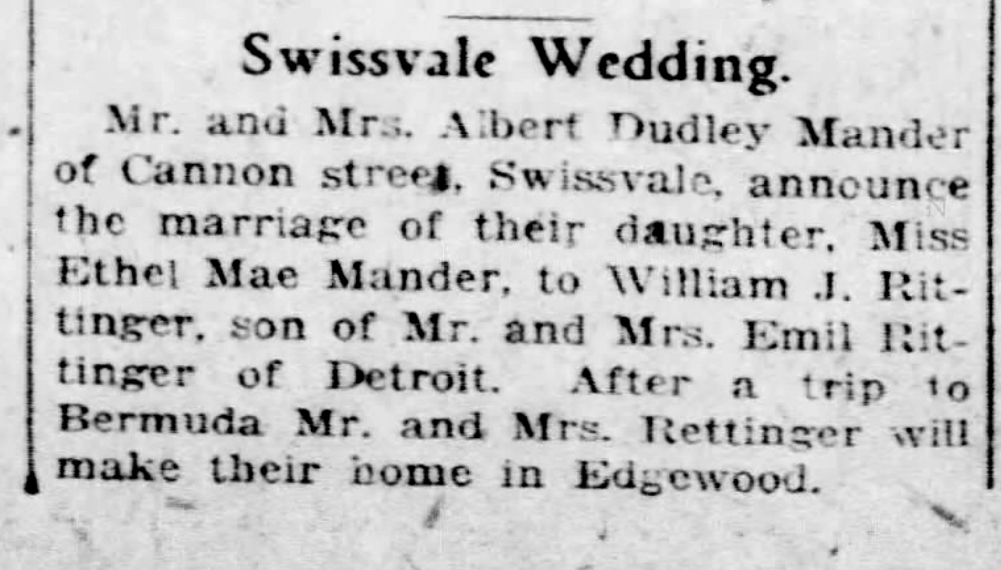 Pittsburgh Post-Gazette: November 22 1925 - Swissvale Wedding