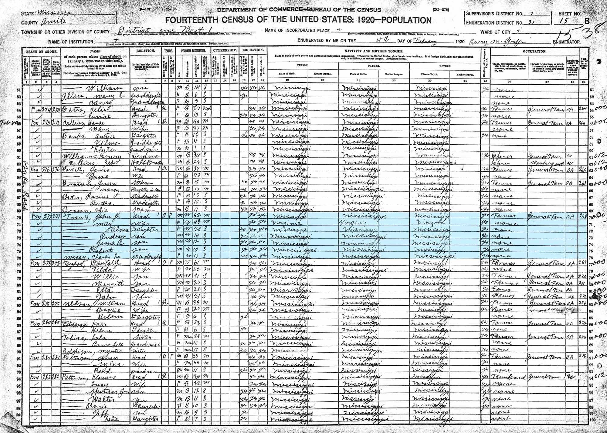   1920   Travis, John (62), May (49), Alma (20), Andrew (14), Jessie (12), Robert (10), Charley McCoy (17) - Osyka Road, Amite County, Mississippi