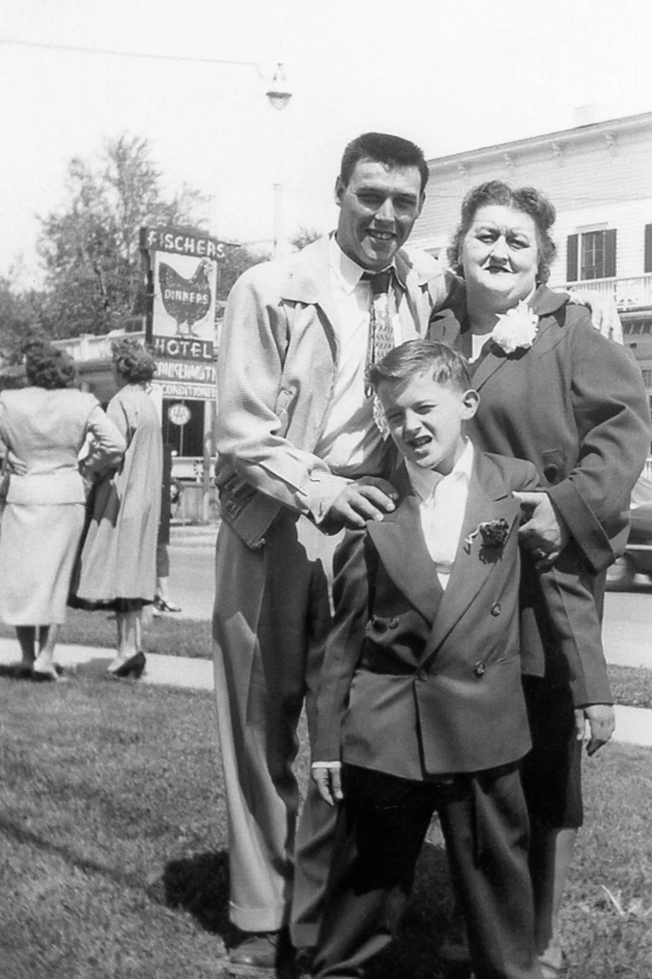 Bob Travis, Anna Kosila (Jackwak), Donald Kosila. Photo taken outside of Zehnder's restaurant in Frankenmuth Michigan. Photo taken in the mid-1950s.