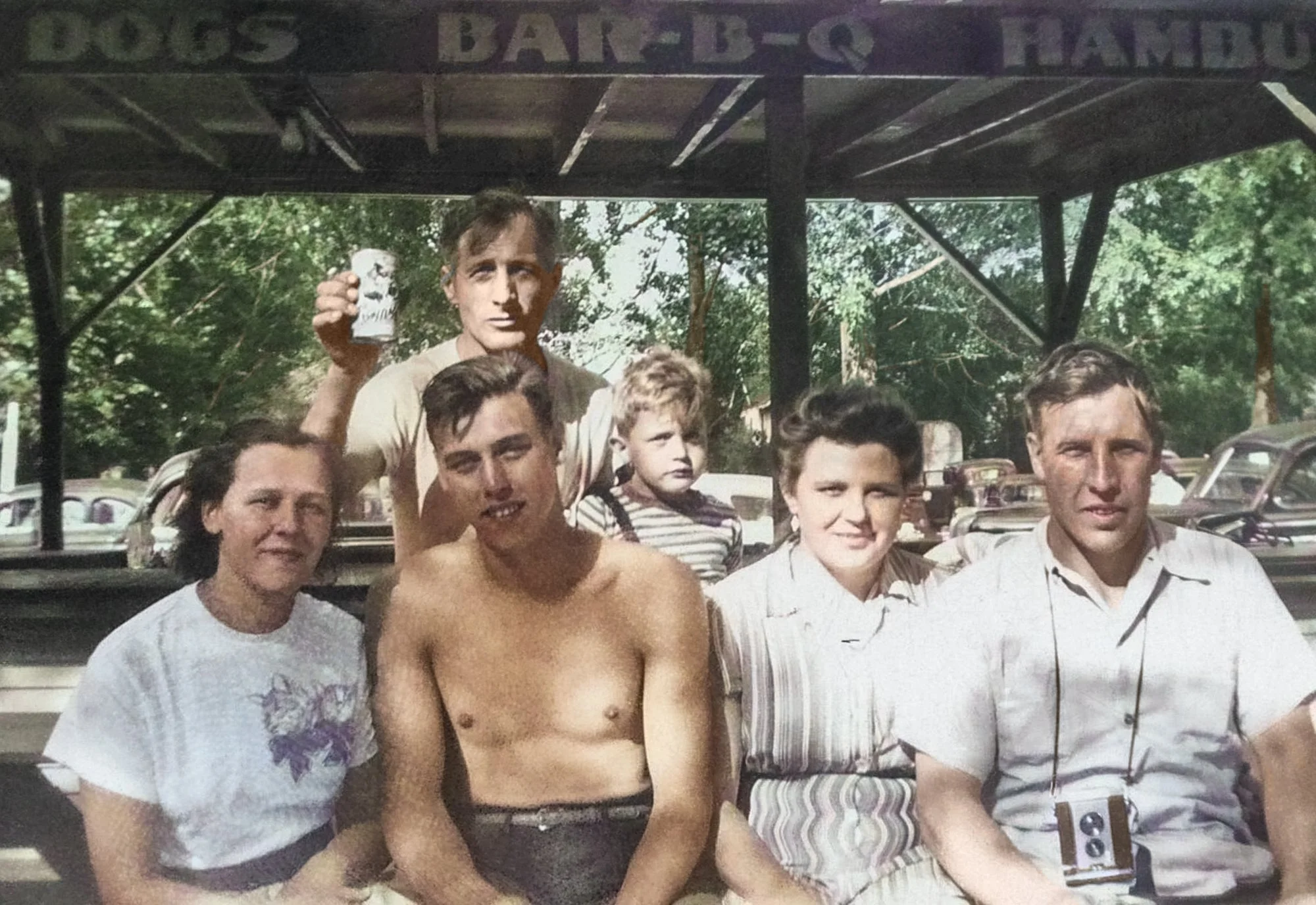 Colorized photo taken in 1947 at Walled Lake (Judy, Bob, Jack Kosila, Donald Kosila, and two unidentified friends)