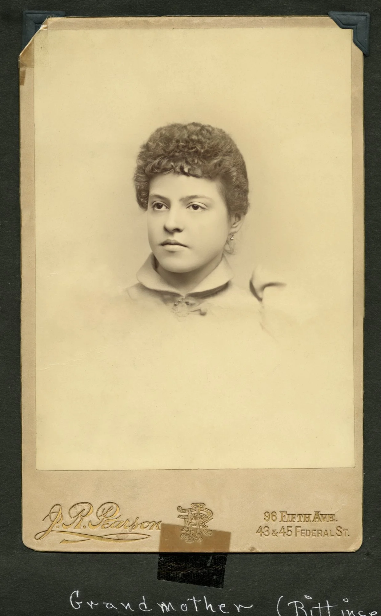 A photo of Sue and Bill's Grandmother, taken in Pittsburgh at J. R. Pearson studios.