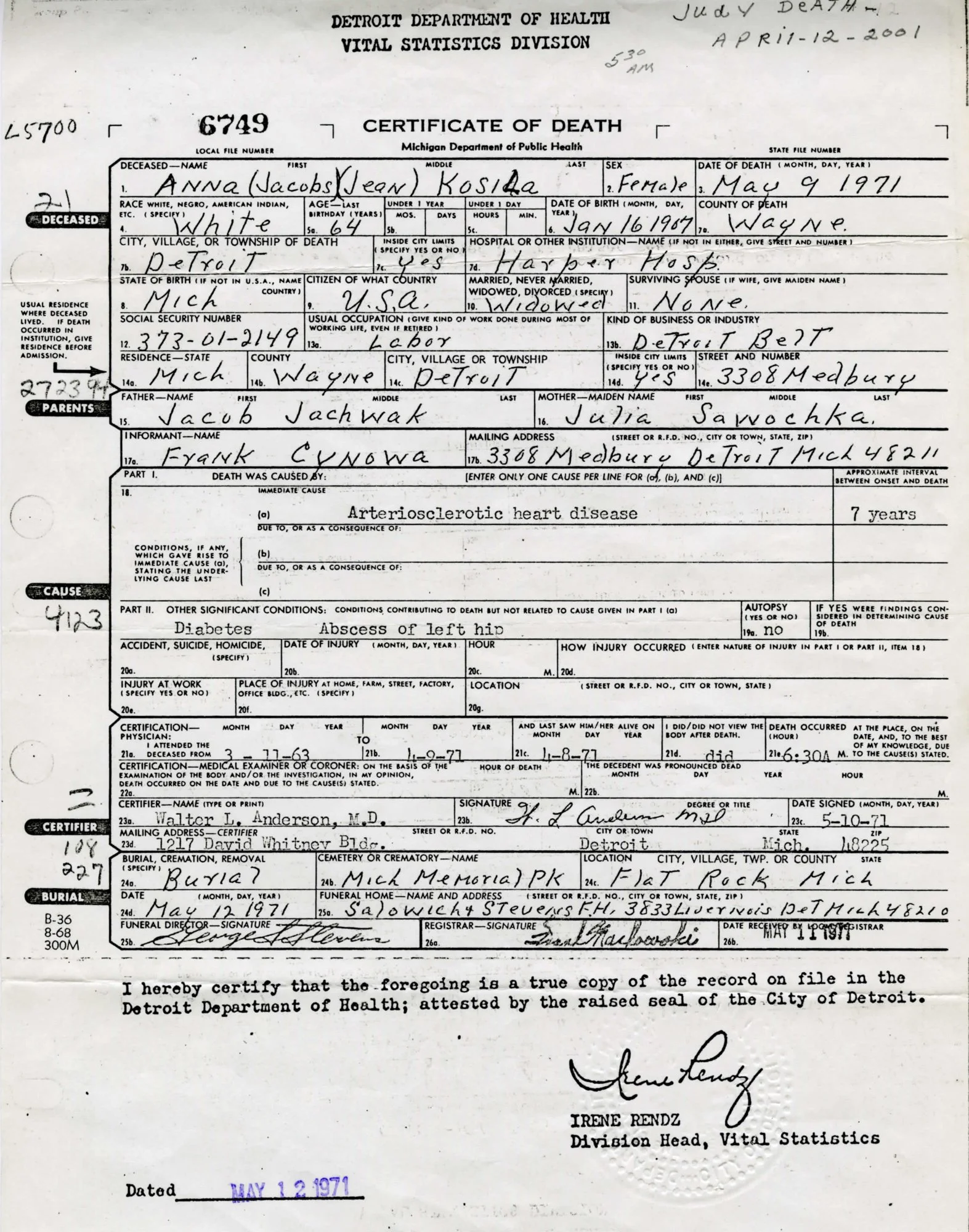 Certificate of Death - Anna Kosila (64) - May 9, 1971