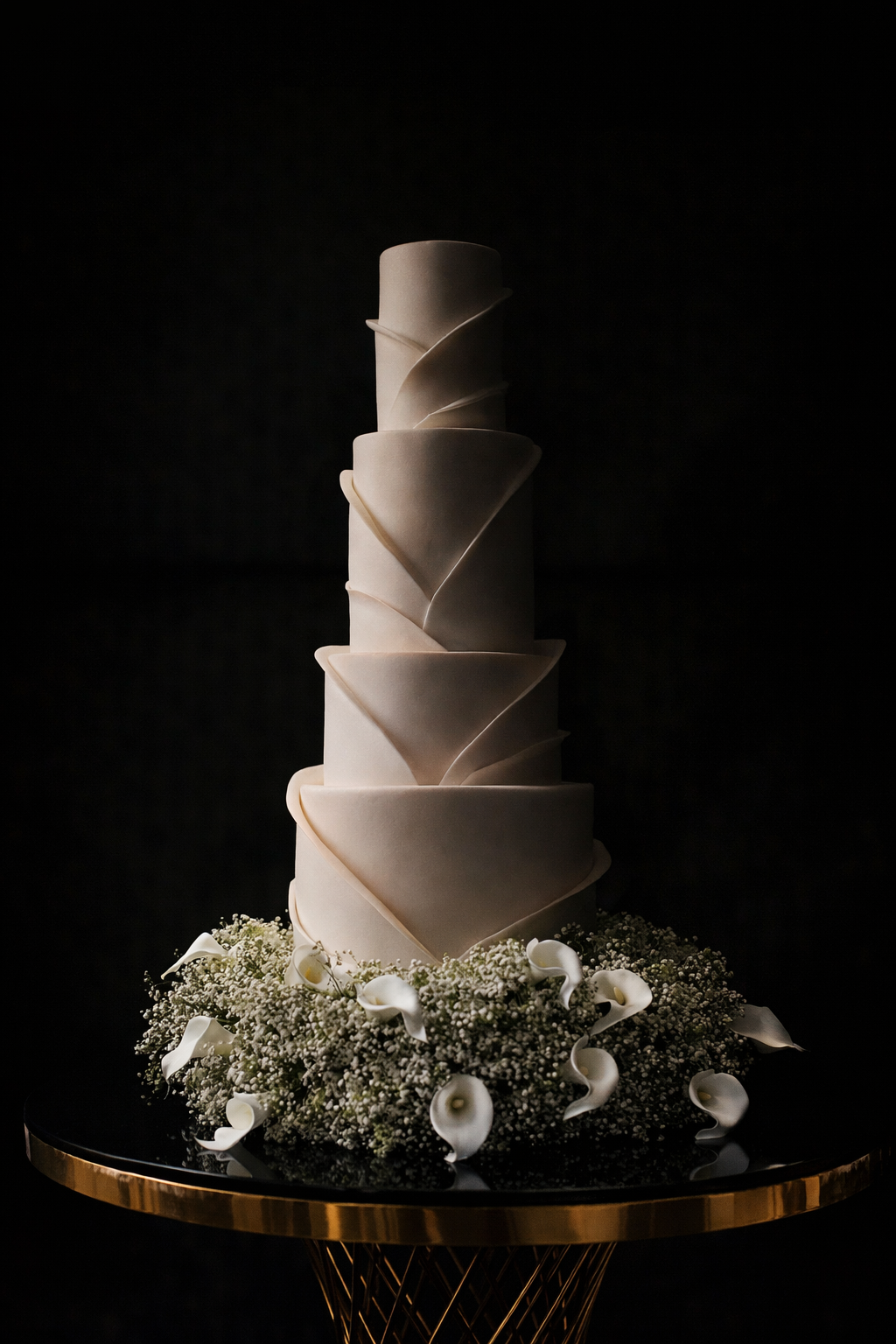 A tall, multi-tiered wedding cake with elegant, curved white fondant accents and a border of white calla lilies and baby's breath flowers at the base, set against a dark background.