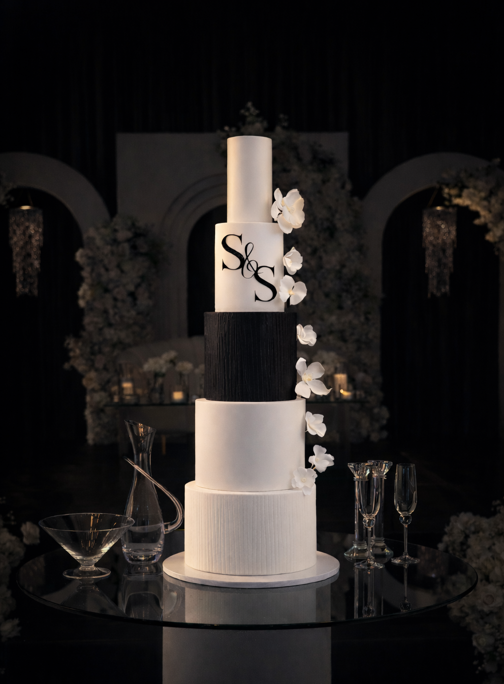 Elegant five-tier wedding cake with white and black layers, decorated with white orchids and featuring initials "S & S" in black. Cake is displayed on a round glass table with empty glasses and a glass pitcher, set against a dark background with flor
