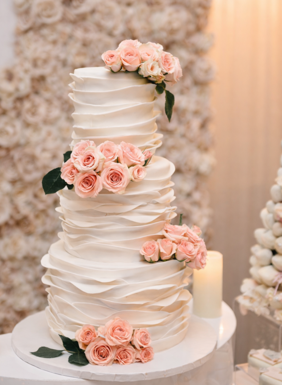 A tall wedding cake with white ruffled icing and pink roses, decorated with green leaves, on a white round cake stand.