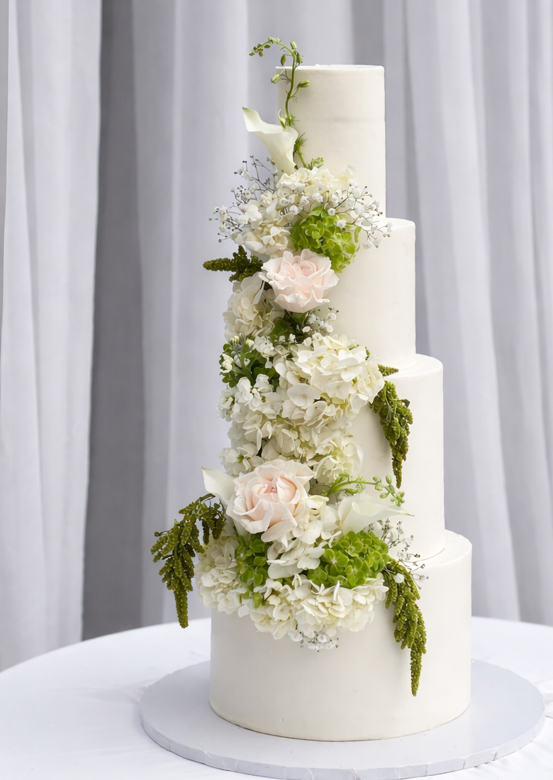 Four-tier white wedding cake decorated with white and pink roses, hydrangeas, and greenery.