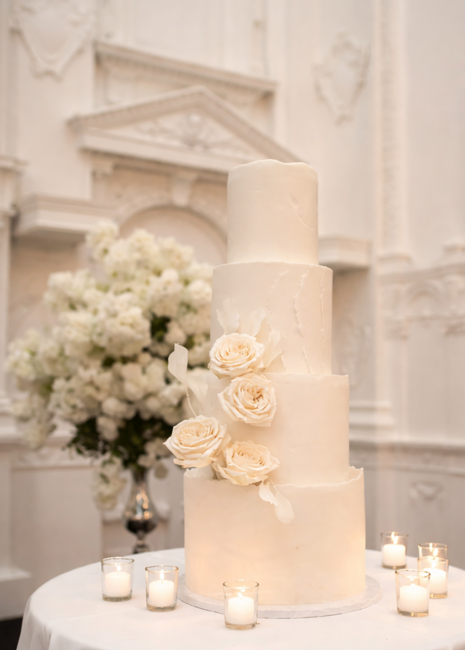A tall, multi-tiered white wedding cake decorated with white roses, surrounded by small candles on a round table. In the background, an elegant white floral arrangement and ornate white wall decor are visible.