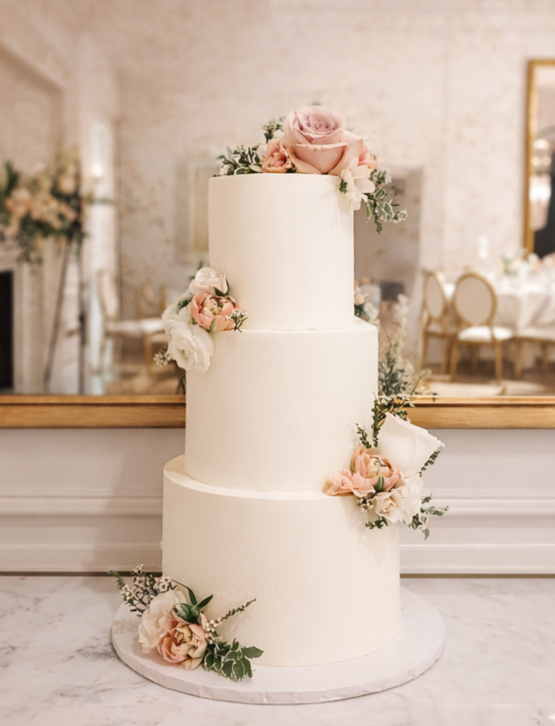 Three-tier white wedding cake decorated with pink and white roses and green foliage, on a marble surface.