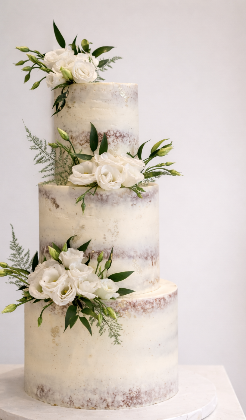 Three-tier wedding cake with white buttercream frosting and floral decorations, including white roses and greenery.