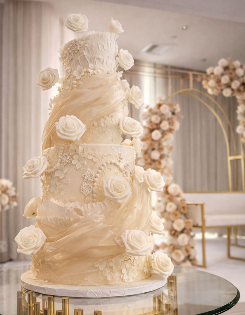 A tall, five-tier white wedding cake decorated with white roses, floral ornaments, and elegant, flowing fondant designs, displayed on a glass table at a wedding reception.