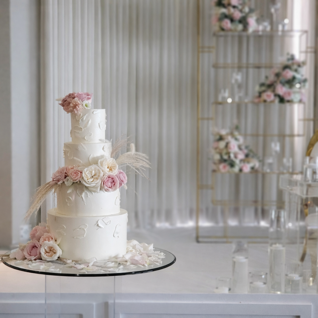 Elegant three-tier white wedding cake decorated with pink and cream flowers and white petals, displayed on a glass stand at a wedding reception.