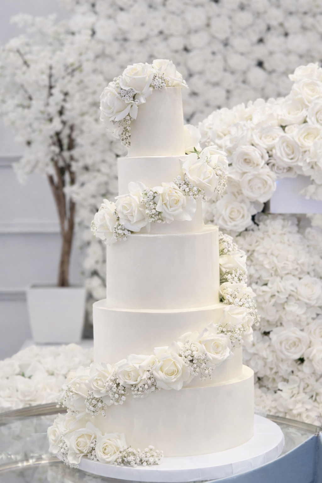 White wedding cake with five tiers, decorated with white roses and baby's breath flowers, set against a backdrop of white roses and a brick wall.