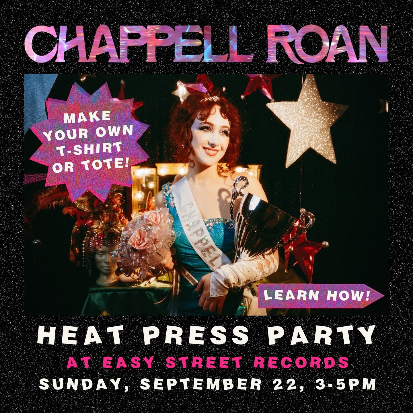 Join me at @easystreetrecords THIS SUNDAY to make your own ONE-OF-A-KIND heat press tee or tote to celebrate the one-year anniversary of &lsquo;The Rise and Fall of a Midwest Princess&rsquo; 🦋💕🍰🎸💫 

Scroll to get a sneak peek of the designs I&rs