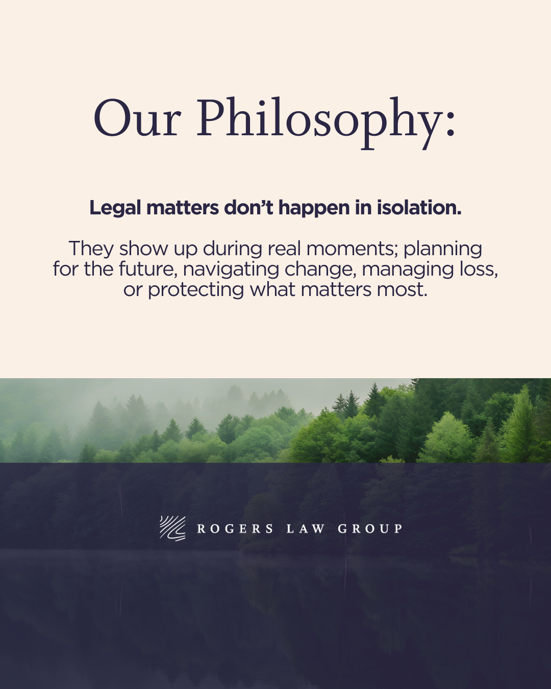 instagram post from rogers law group with image of trees overlayed with purple block and logo