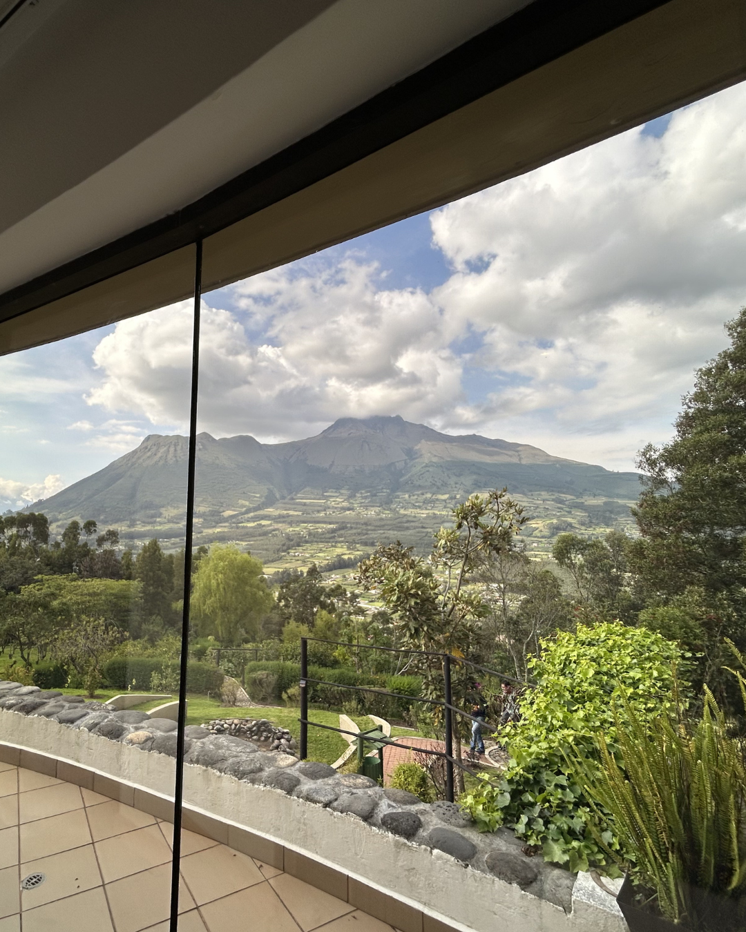 View of a mountain with clouds in the sky, greenery, and trees seen from a balcony with a glass railing and potted plants.