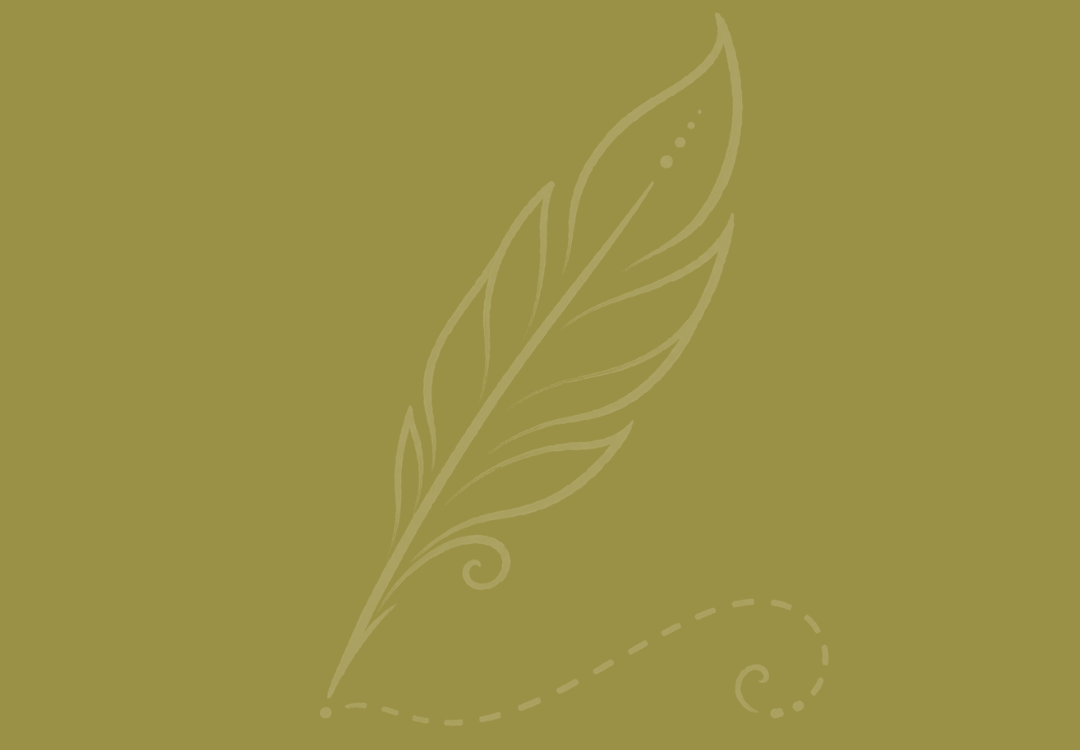 A stylized, light-colored feather on an olive green background.