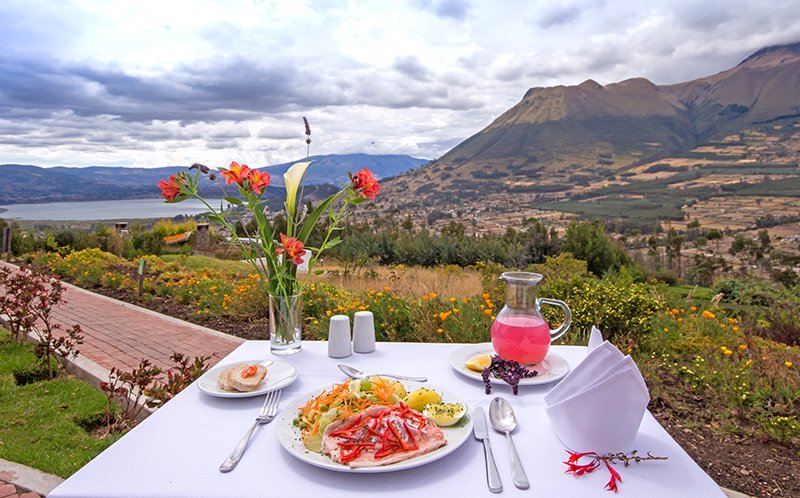 A table for two set outdoors with a white tablecloth, featuring a plate of pasta with red sauce and vegetables, a glass pitcher of pink beverage with lemon slices, a small plate of bread, flowers in a tall vase, and scenic mountains and lake in the background.