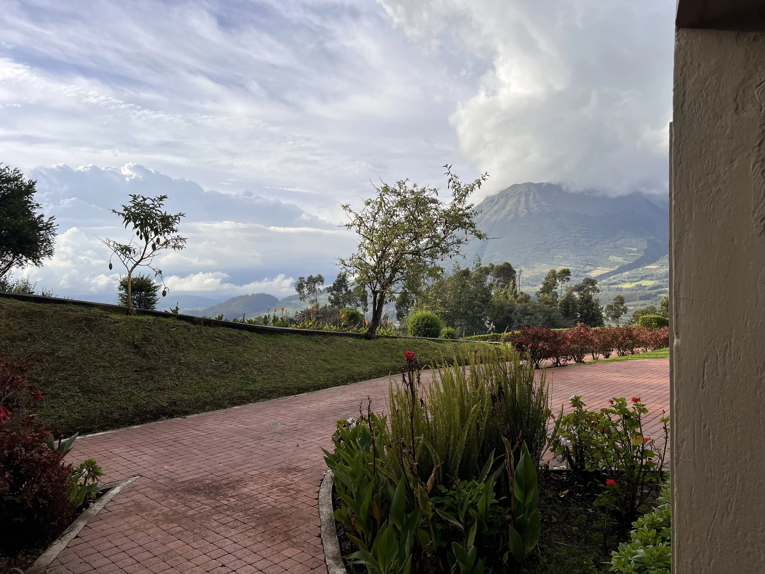 An outdoor view with mountains in the distance, trees, and a partly cloudy sky. There is a paved pathway in the foreground, surrounded by bushes and plants. A partial wall is visible on the right side of the frame.