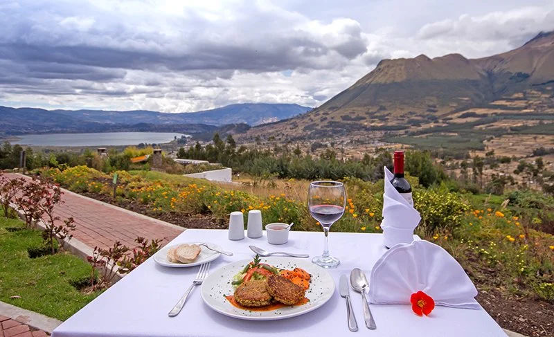 A table set for dinner outdoors with a view of mountains, a lake, and a cloudy sky. The table has a plate with breaded fried food, a glass of red wine, a bottle of wine, and utensils.
