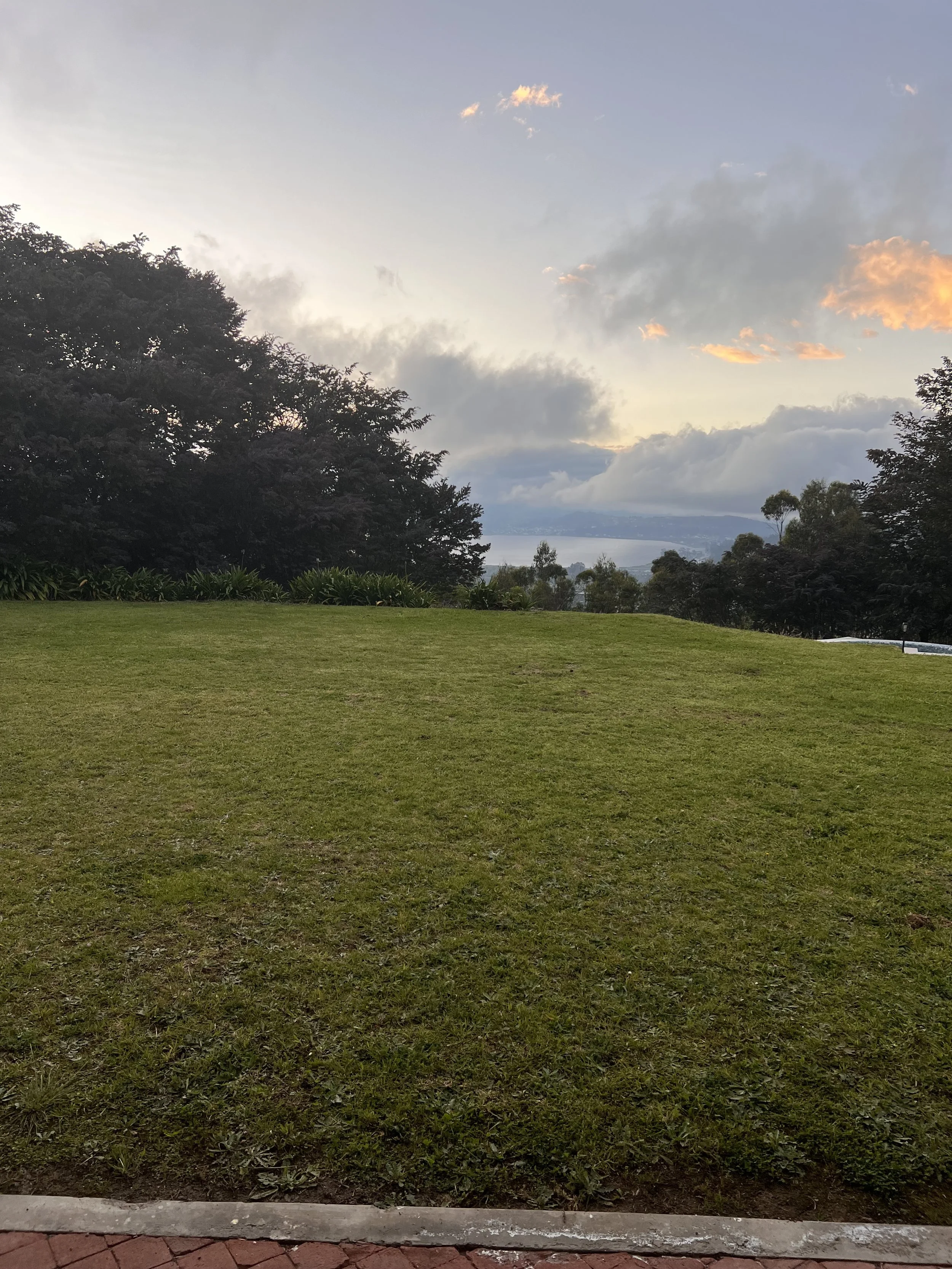 A landscaped outdoor area with a grassy lawn, shrubbery, and trees, under a partly cloudy sky at sunset.