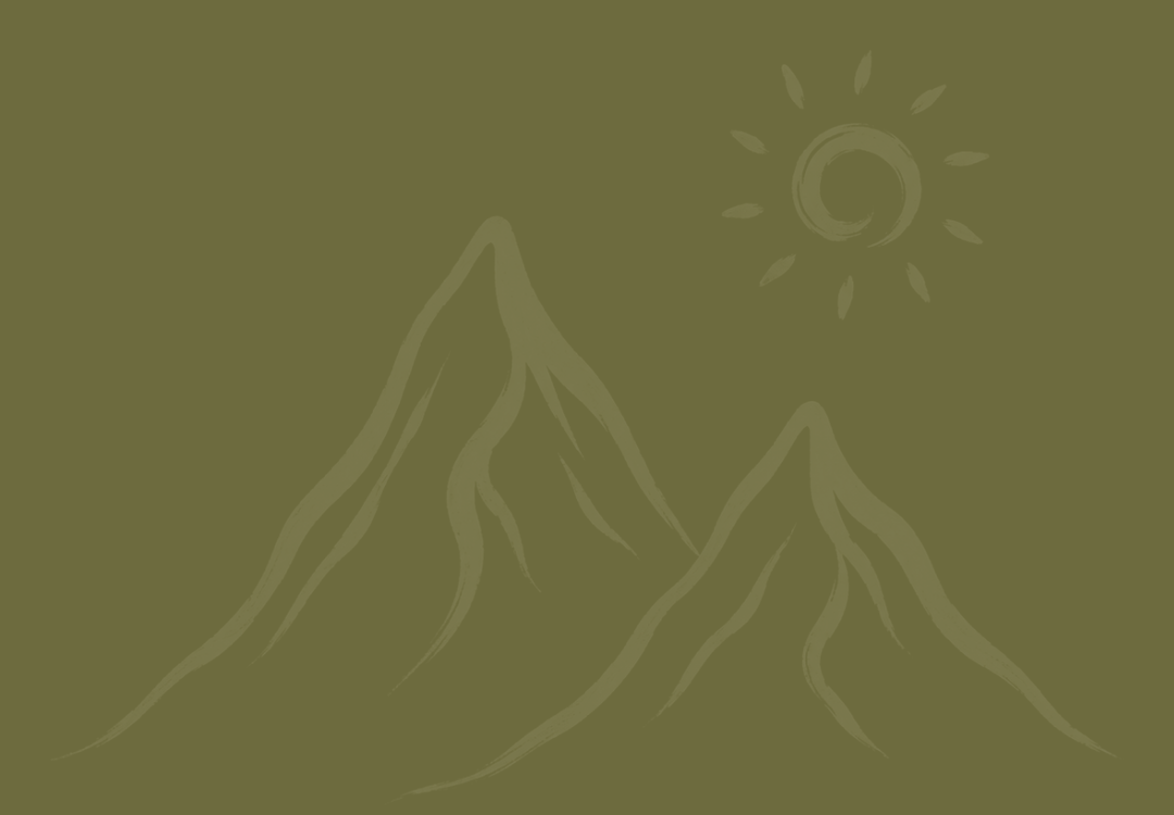 A simple, stylized drawing of mountain peaks with a sun in the sky.