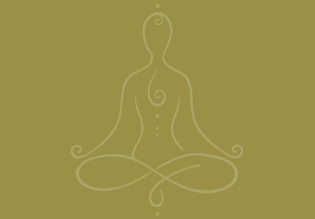 Outline of a person in a meditation pose with swirling lines, set on a plain olive green background.