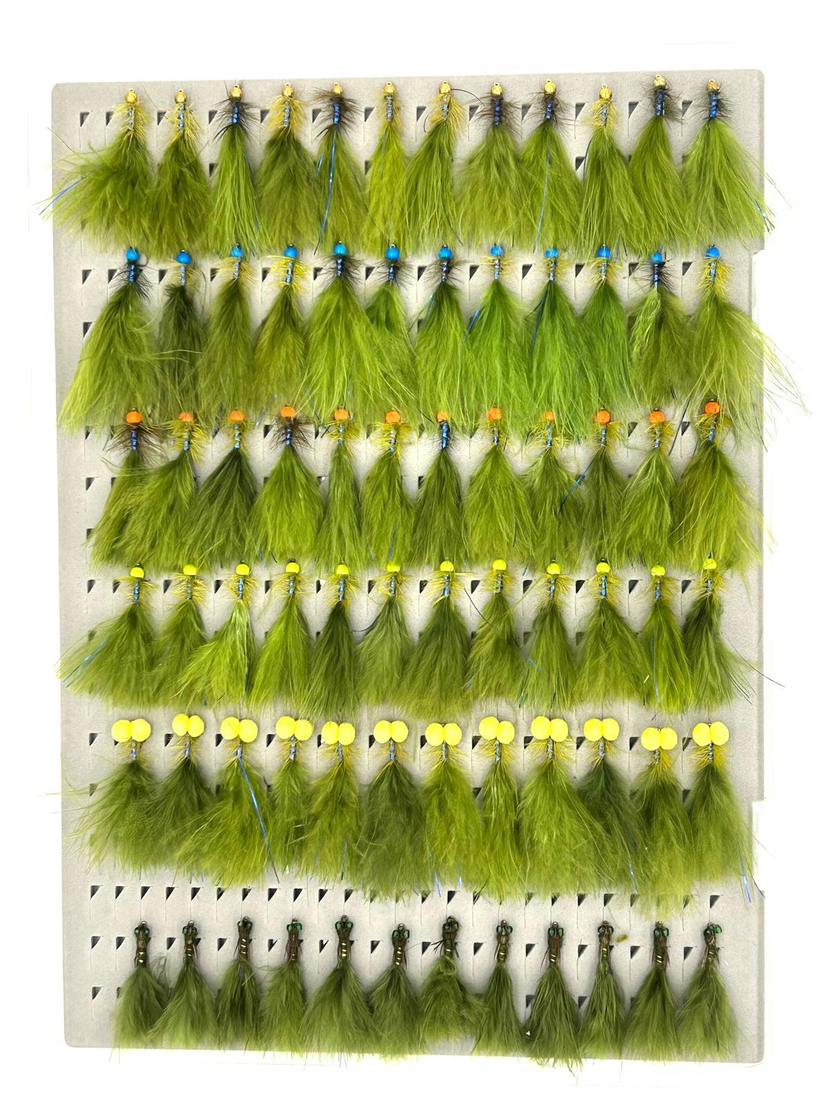 Boxed set of Blue Flash Damsels for catching trout whilst fly fishing.
