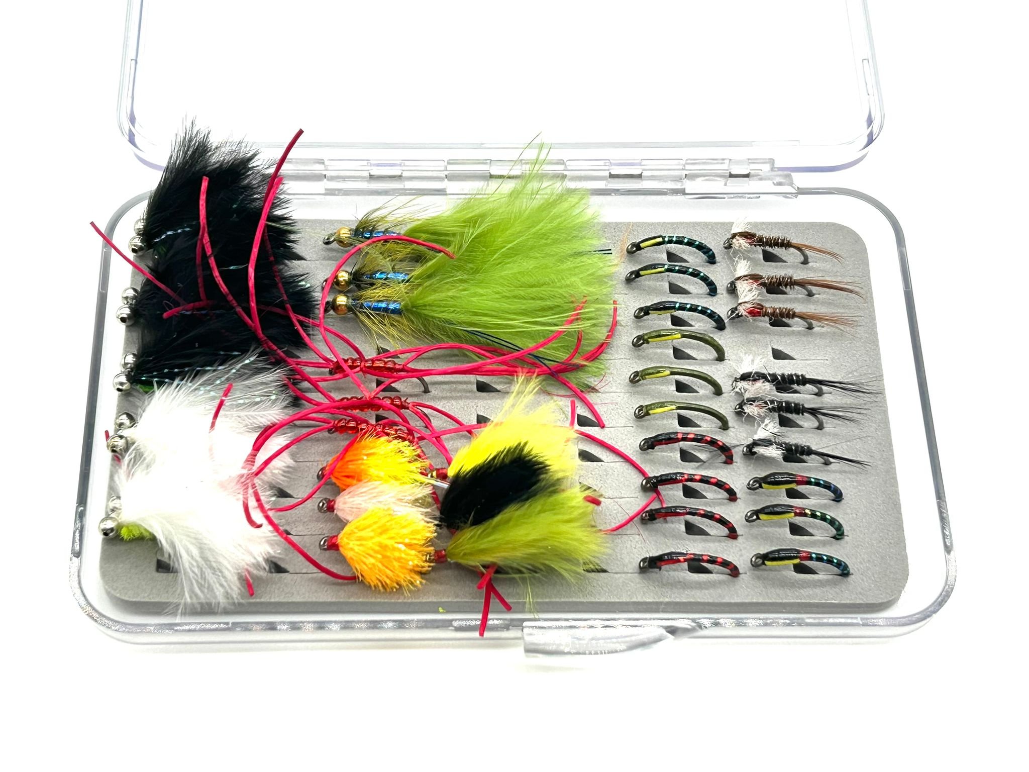 Box of 36 flies for beginners to fly fishing trout.