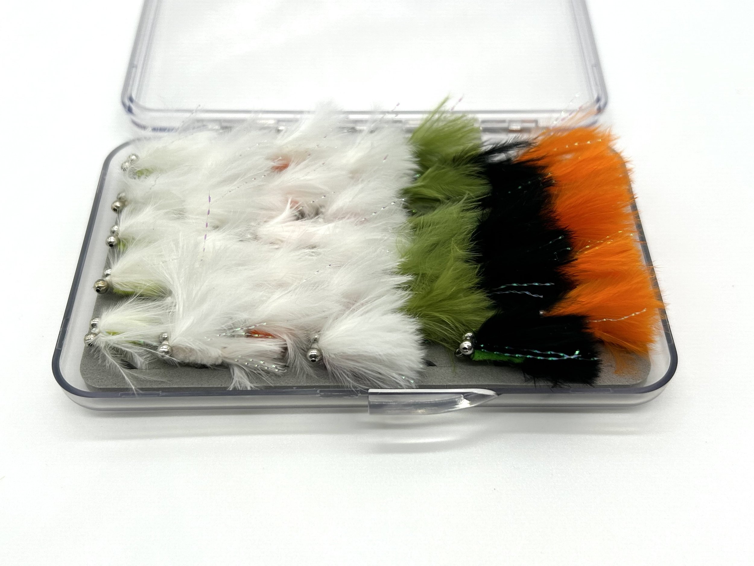 Boxed set of Cats Whiskers in assorted colours for catching trout whilst fly fishing.