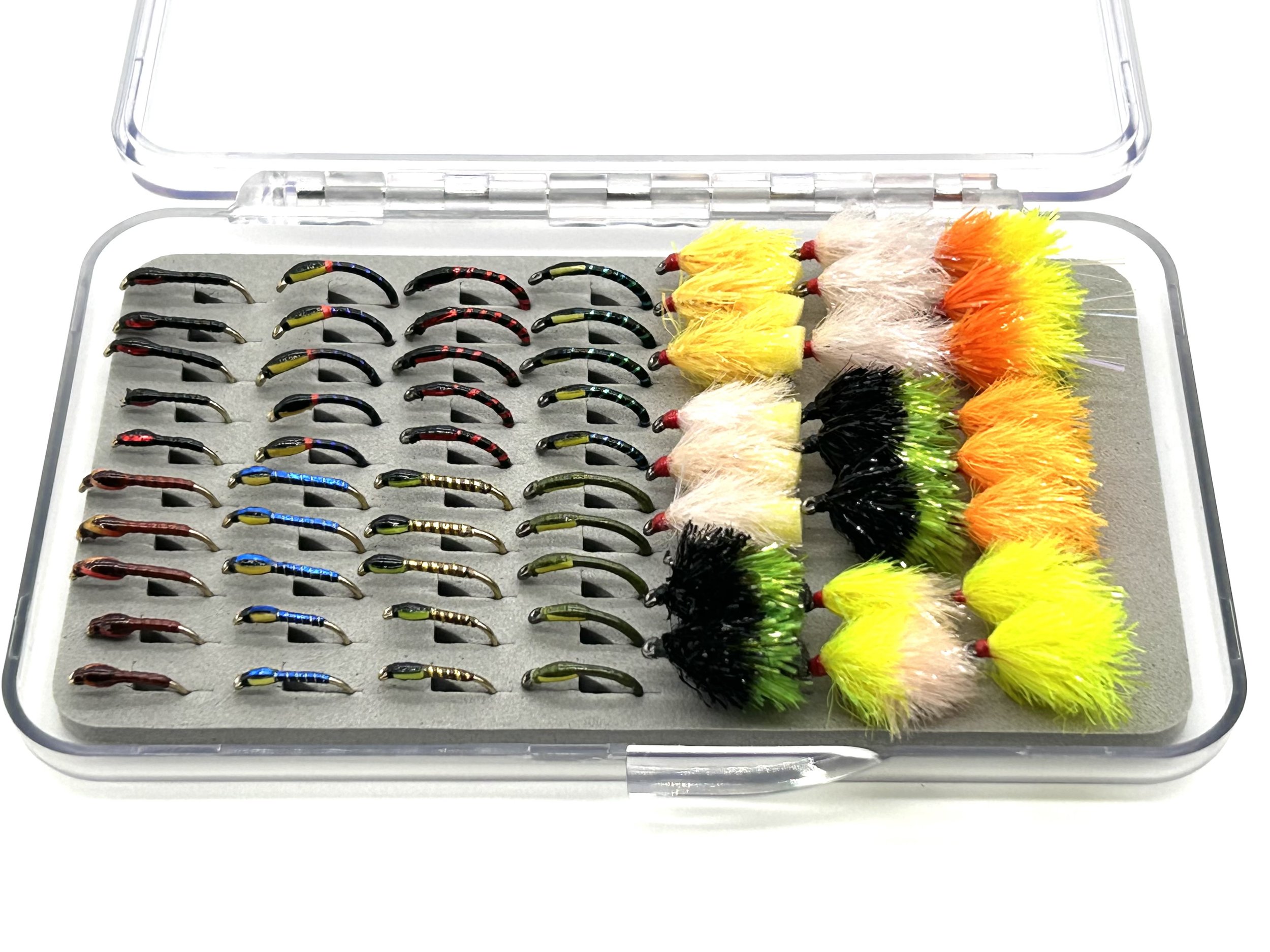 Boxed set of 64 Buzzers, Blobs and FABs flies for trout fly fishing. Designed to be fished together as a team of flies this boxed set is a must have for any serious or competition angler.