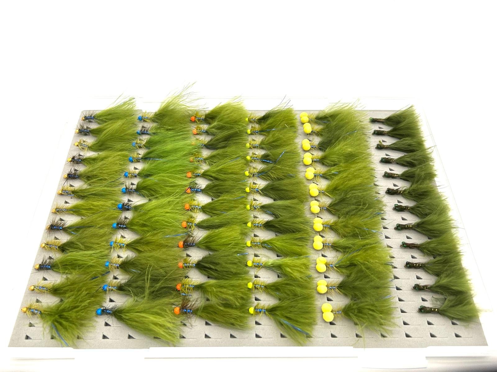 Boxed set of Blue Flash Damsels for catching trout whilst fly fishing.