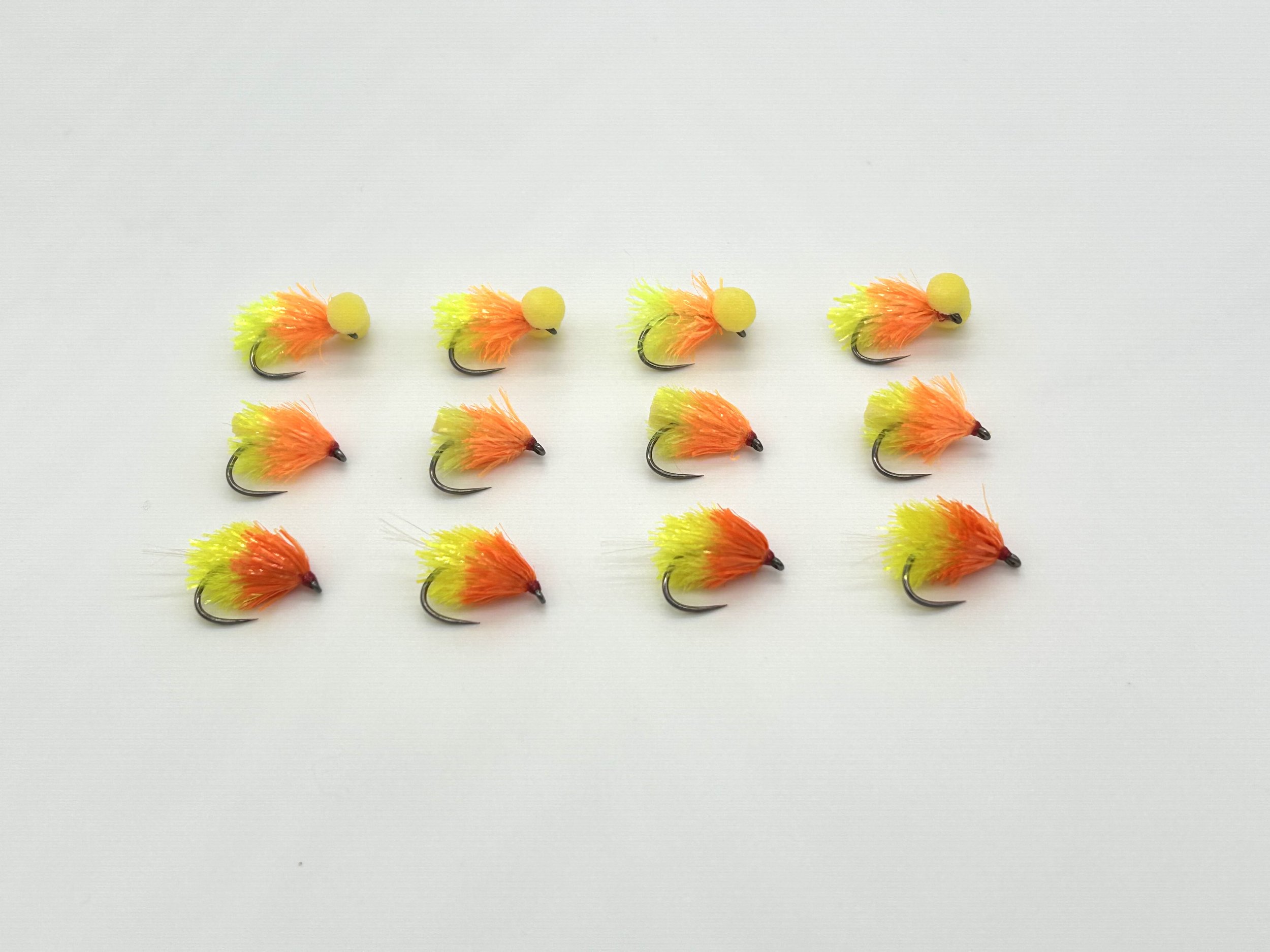Pack of 12 Tequila Blobs, Boobies and Foam Arsed Blobs (FABs) flies for fly fishing.