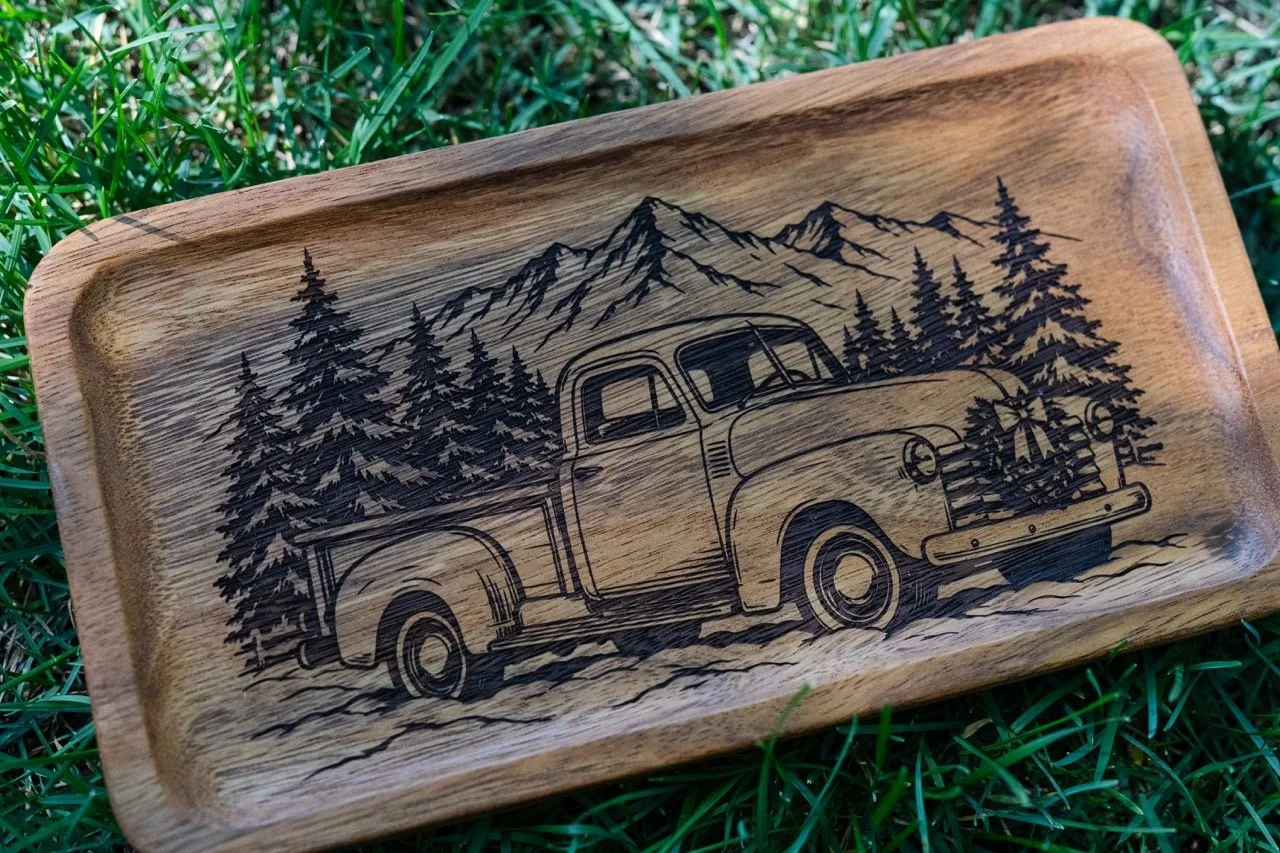 Vintage Truck Engraved Acacia Wood Tray