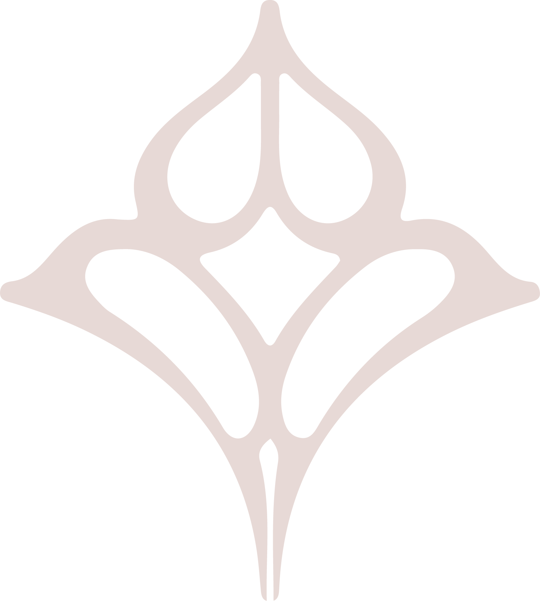 Stylized, abstract floral or geometric design with symmetrical curved shapes and a central diamond figure, in light beige or off-white color.