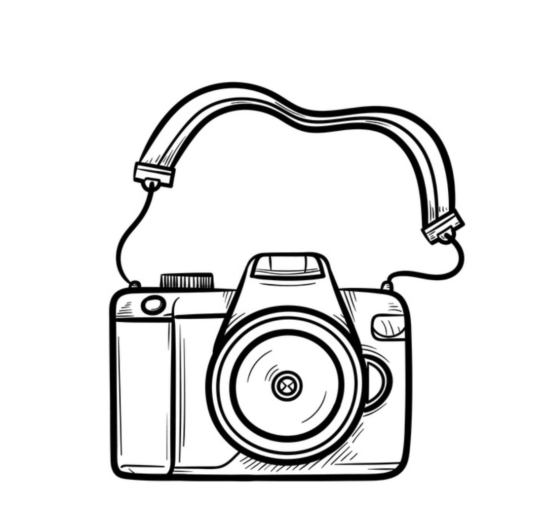 Black and white illustration of a camera with a strap.