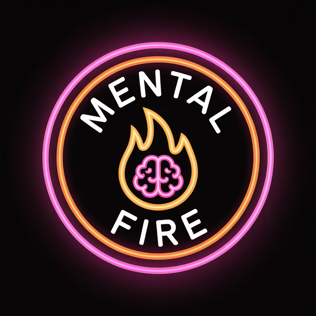 Neon sign with the words 'Mental Fire', featuring a brain inside a flame, surrounded by colored rings.