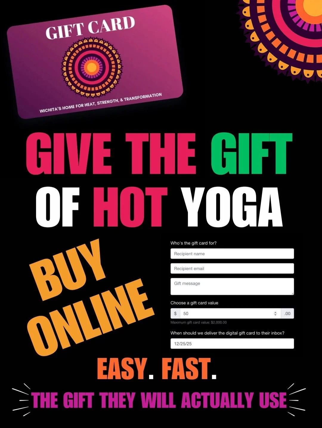 🎁 GIVE THE GIFT OF HOT YOGA 🎄🔥

Strength. Sweat. Transformation. 💪💦🔥

This holiday season, skip the stuff that collects dust and give a gift that actually gets used.

✨ Hot Asana Gift Cards
✔️ Choose any amount
✔️ Buy online in minutes
✔️ Deliv
