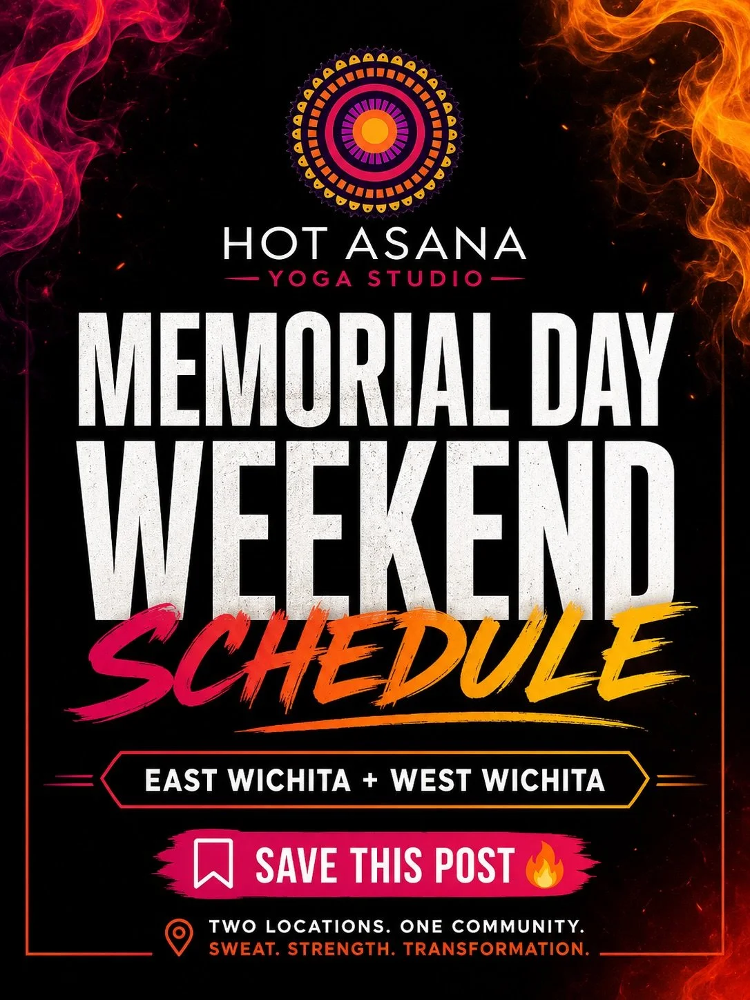 🔥 MEMORIAL DAY WEEKEND HOT YOGA SCHEDULE 🔥

Your holiday weekend plans just got hotter.

Join us at Hot Asana Yoga Studio for Memorial Day weekend classes at our East Wichita and West Wichita locations. Whether you want a powerful hot yoga flow, a 