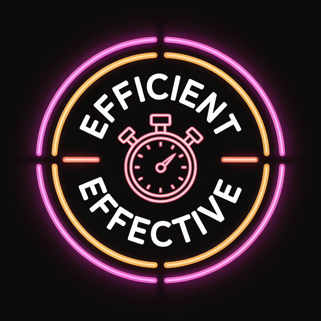 A neon sign with the words "Efficient" placed top and bottom, a stopwatch icon in the center, and a circular design with pink, orange, and purple neon lights.