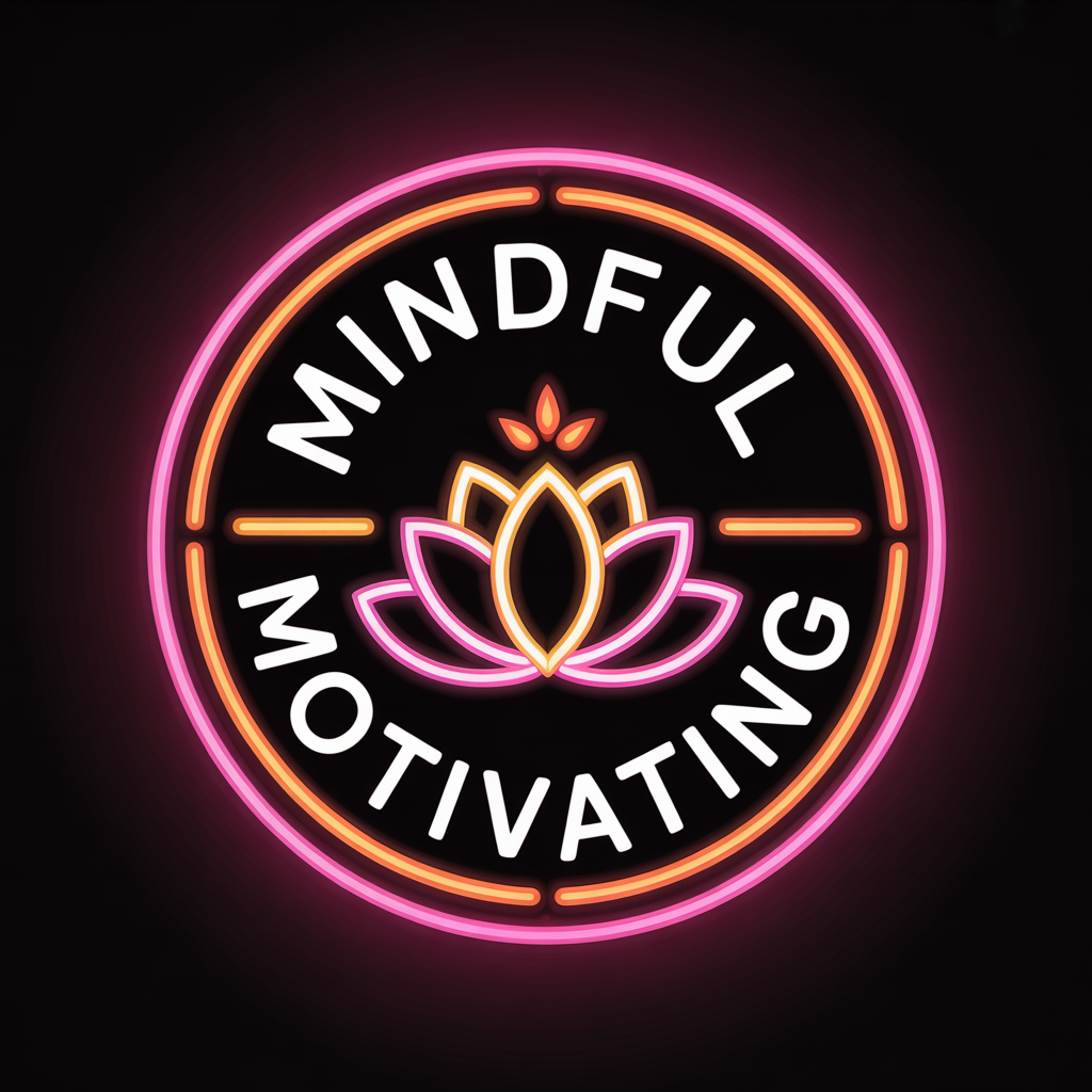 Neon sign with a pink and orange glowing circle, featuring a lotus flower icon at the center, surrounded by the words "Mindful Motivating" in white capital letters.
