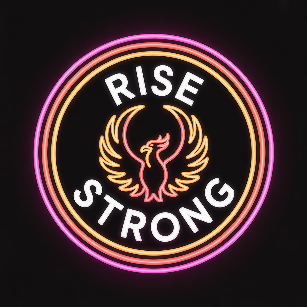 Neon sign with the text "Rise Strong" and a phoenix rising in the center, surrounded by concentric circles in pink, orange, and purple.