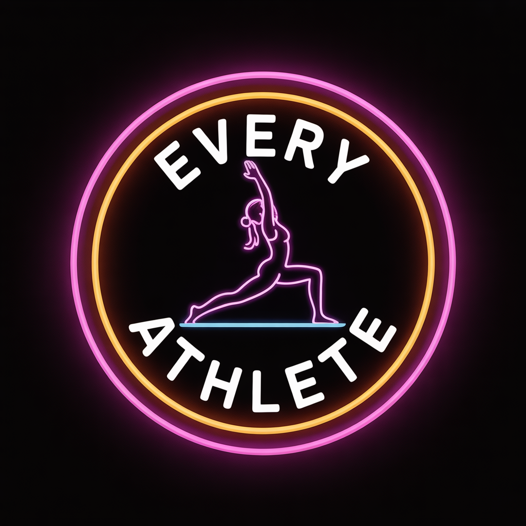 Neon sign with the phrase 'Every Athleti' encircling a silhouette of a woman performing a yoga pose against a black background.