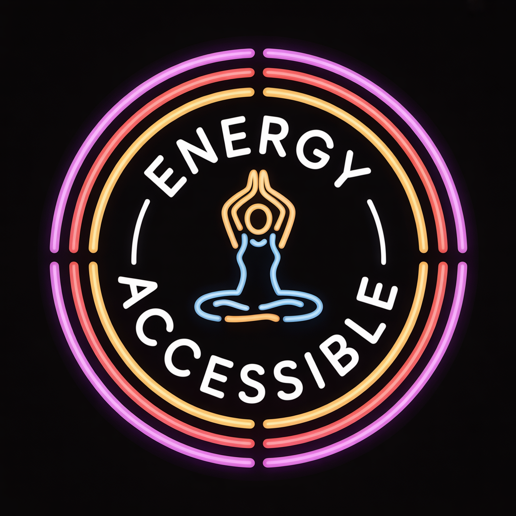 Neon sign with a person meditating, surrounded by the words 'Energy Accessible' and colorful concentric circles.